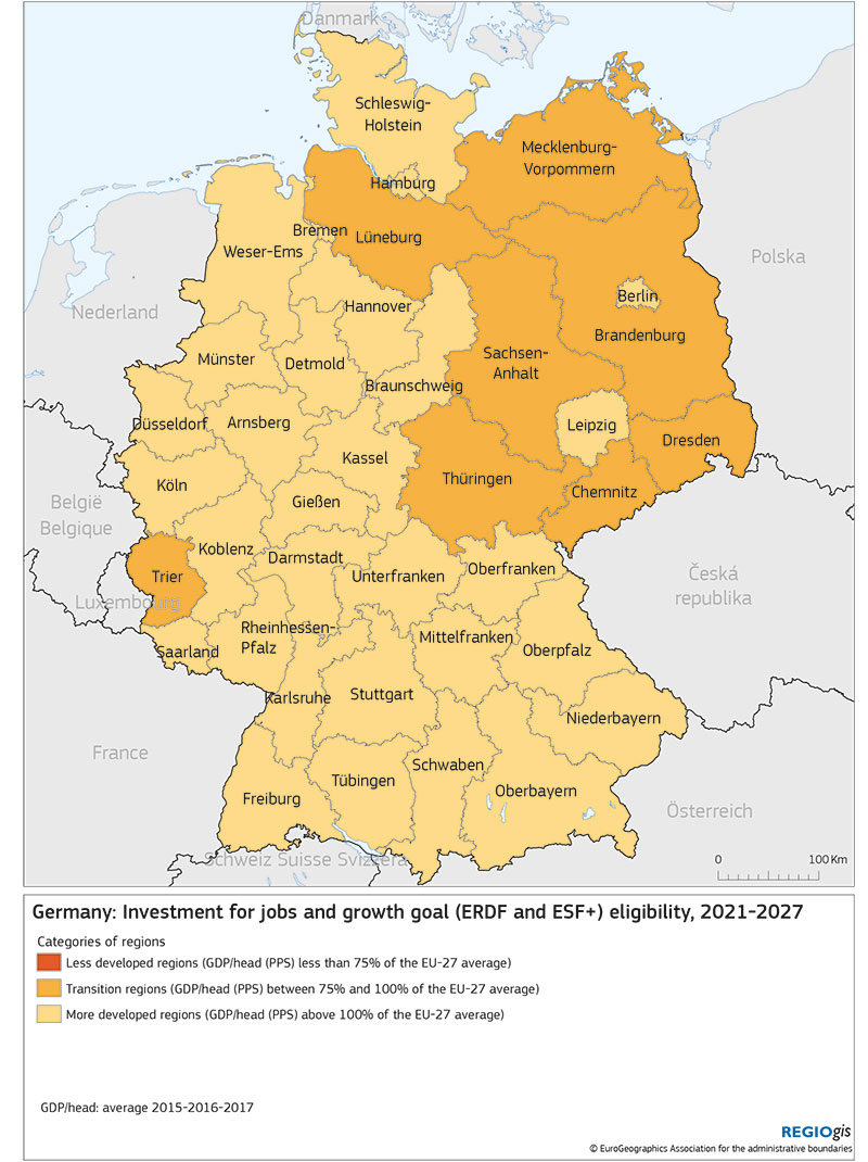 Grafik: Strukturfonds (ESF Plus und EFRE): Förderfähigkeit 2021-2027